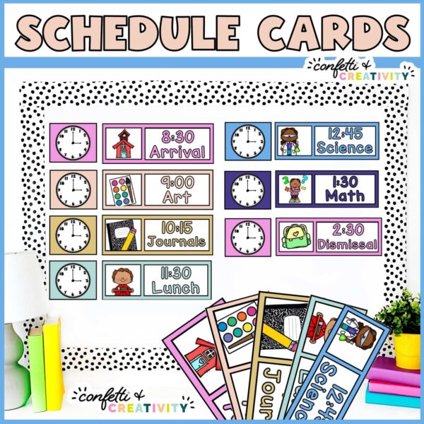 Shows all of the visual schedule cards set up on a bulletin board for a teacher to use. Each subject has clipart, a subject, and a clock. The bulletin board has a black and white polka dot border