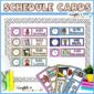 Shows all of the visual schedule cards set up on a bulletin board for a teacher to use. Each subject has clipart, a subject, and a clock. The bulletin board has a black and white polka dot border