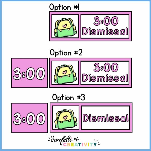 Space Visual Schedule Cards 2 Shows all 3 different design options to display the visual schedule cards. Includes a clock, subjects, and clipart to match the subject