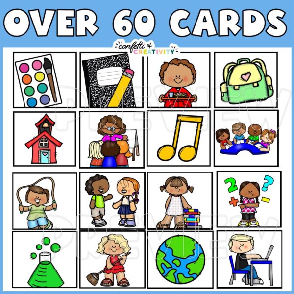 Space Visual Schedule Cards 3 Shows 16 different schedule cards with cliaprt. Has the text "60 cards" at the top of the image