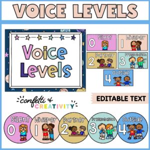 Shows the complete space voice level cards that a teacher can use. Includes clipart that matches the text