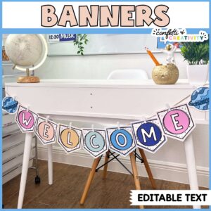 Shows the space welcome banner on a white desk.