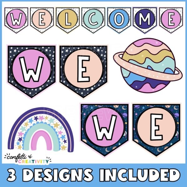 Space Welcome Banner 2 Shows a close up of the welcome banner different design options as well as the clipart that's included in the product