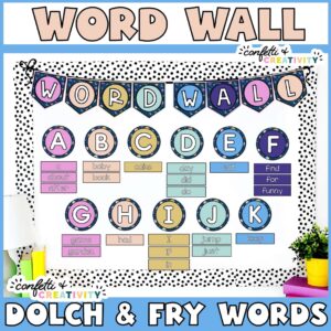 Shows the full space Word Wall Set Up. Includes a Word Wall banner, large letters as headers as well as sight words such as Frye and Dolch Words