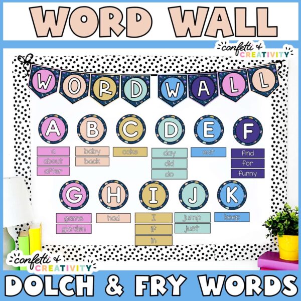 Shows the full space Word Wall Set Up. Includes a Word Wall banner, large letters as headers as well as sight words such as Frye and Dolch Words
