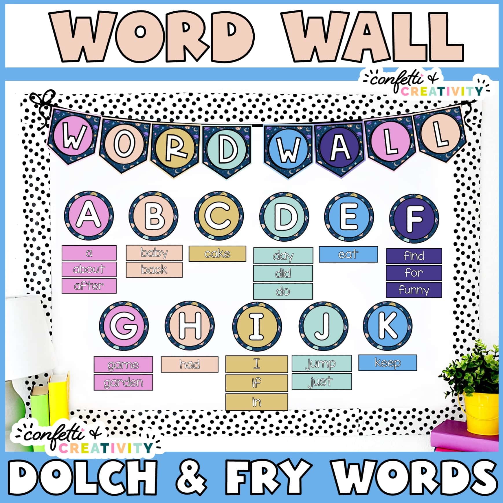 Shows the full space Word Wall Set Up. Includes a Word Wall banner, large letters as headers as well as sight words such as Frye and Dolch Words