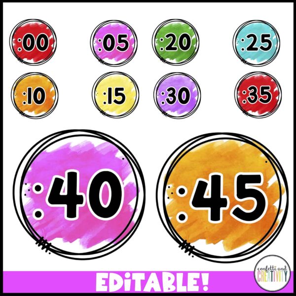 Clock Labels 2 Shows clock labels from :00 to :45 with watercolor clipart