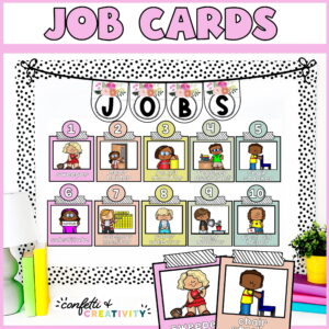 Shows the classroom jobs set up on a bulletin board