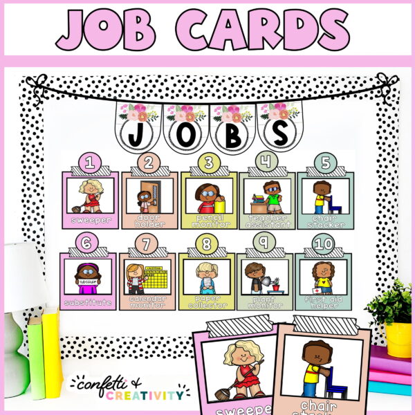 Shows the classroom jobs set up on a bulletin board