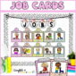 Shows the classroom jobs set up on a bulletin board