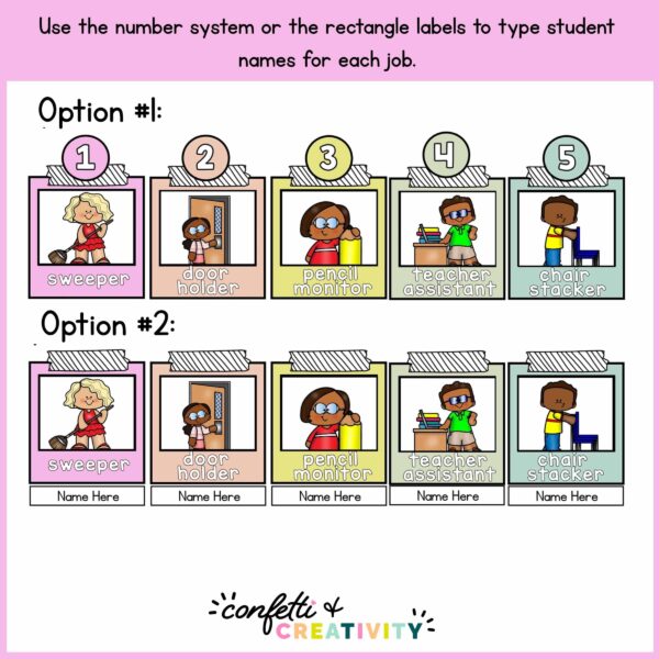 Farmhouse Floral Classroom Jobs 2 Shows different options for recording which students have which jobs in the classroom. Includes a numbering system as well as an option to add student names