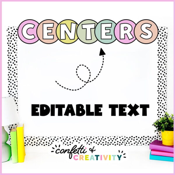 Farmhouse Floral Header Preview 2 Shows an example header "centers" at the top of a bulletin board with black and white polka dot bulletin board border