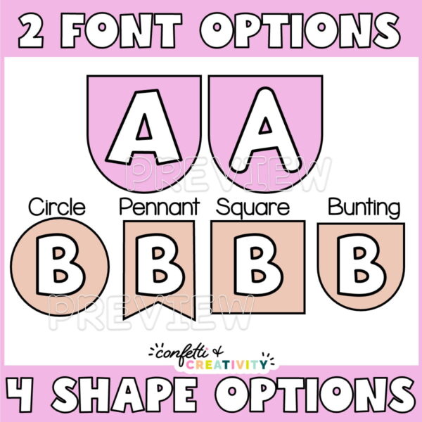 Farmhouse Floral Header Preview 3 Shows two different font options and four different shape options for the headers that a teacher can use in their classroom