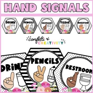 Shows many different designs a teacher can use for classroom hand signals. All cards include sign language clipart to accompany the action the student needs to take