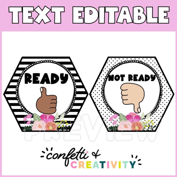 Floral Classroom Hand Signals 2 Shows two different versions of classroom hand signals - "ready" and "not ready". The image has the text "Editable" at the top