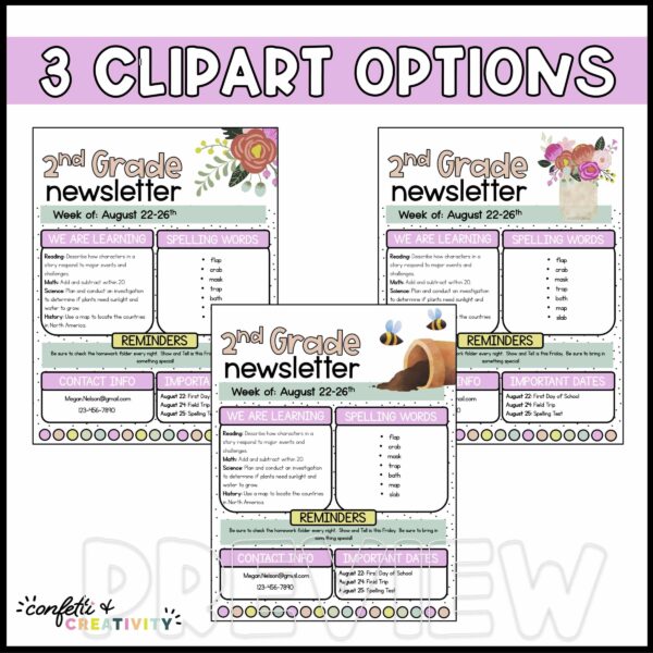 Floral Classroom Newsletters - Design Options Shows 3 different designs for newsletters