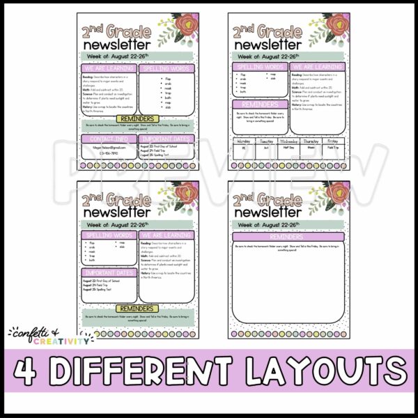 Floral Classroom Newsletters - Layout Options Shows 4 different layout options for the newsletters that a teacher can use to make parent communication simple