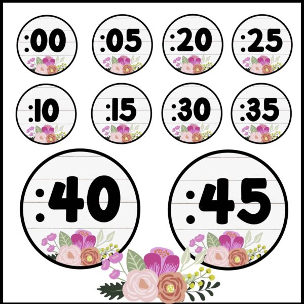Floral Clock Labels - Example Labels Shows clock labels from :00 to :45