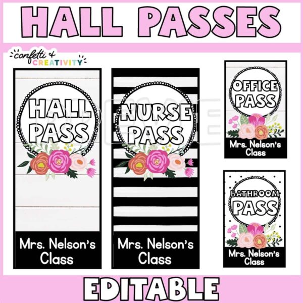 Shows hall passes with examples like a nurse pass and office pass. Shows large and smaller hall passes as examples