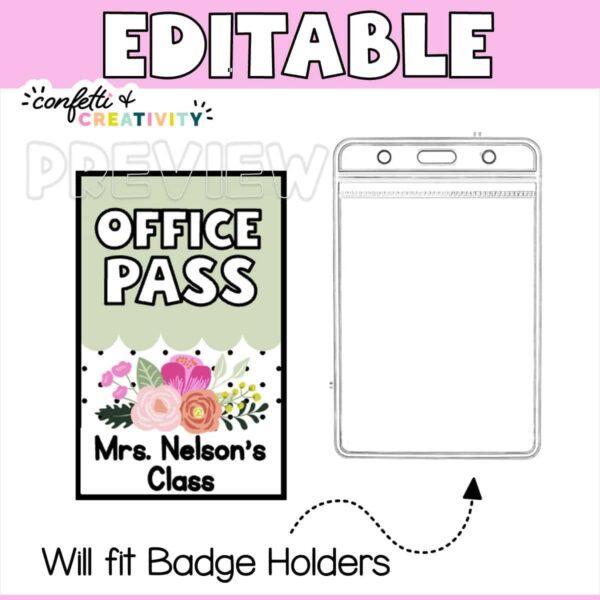 Floral Farmhouse Hall Pass 4 Shows a small office pass that can fit inside of a plastic lanyard holder