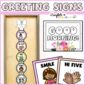 Shows the morning greeting signs set up on a classroom door with a ribbon. Shows a close up of the top card that says "Good morning"