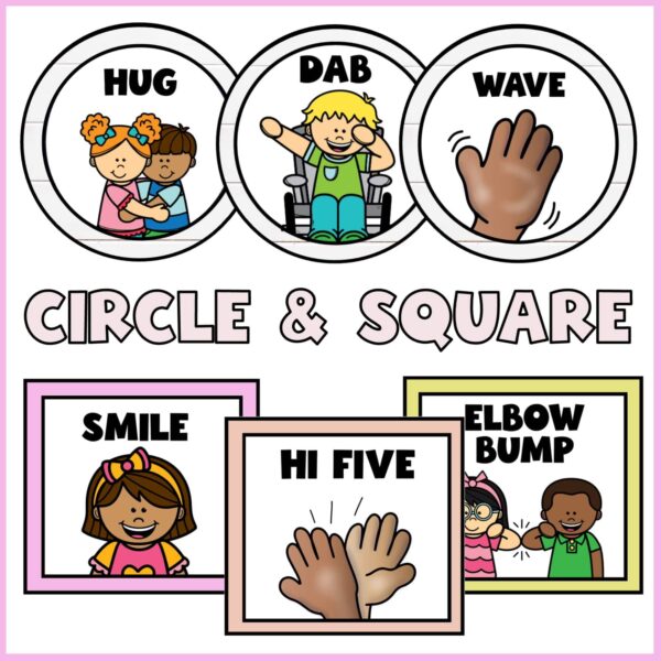 Floral Morning Greeting Signs - Circles and Square Examples Shows example morning greetings that a teacher can use in their classroom. Specifically shows circle and square shape options