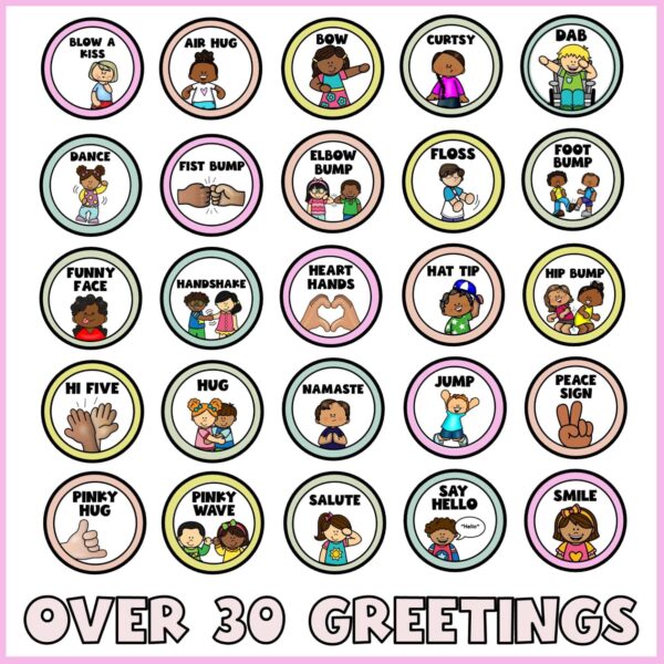 Floral Morning Greeting Signs - Example Greetings Shows 25 different example morning greeting cards that the teacher can choose from. Text at the bottom of the image says "over 30 greetings"