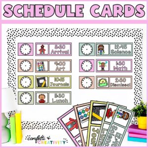 Shows the entire visual schedule cards set up on a bulletin board. The bulletin board has black and white polka dot bulletin board bordres