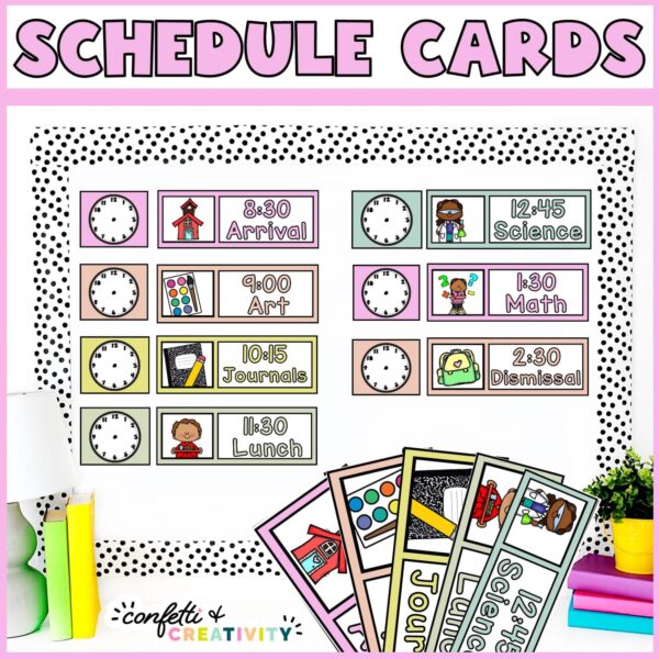 Shows the entire visual schedule cards set up on a bulletin board. The bulletin board has black and white polka dot bulletin board bordres