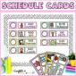 Shows the entire visual schedule cards set up on a bulletin board. The bulletin board has black and white polka dot bulletin board bordres