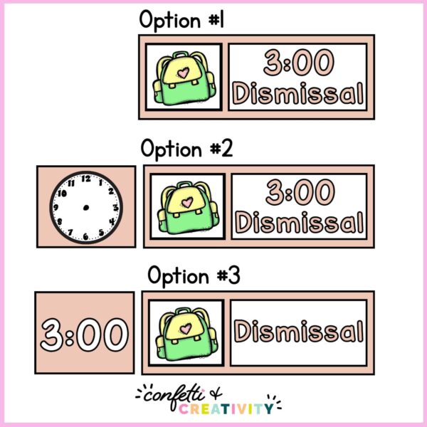Floral Visual Schedule - Display Options Shows 3 different ways to display the schedule cards included clocks, analog times, and clipart