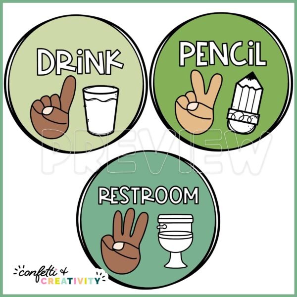 Nature Classroom Hand Signals 3 Shows multiple classroom hand signal options. Each option includes a sign language clipart as well as black and white image next to it