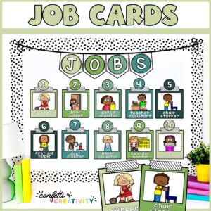 Shows the classroom job set up on a stock photo of a bulletin board. Includes a green colored banner, jobs with clipart, and black and white polka dot borders