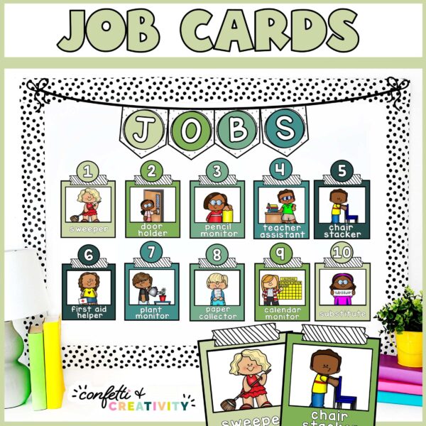 Shows the classroom job set up on a stock photo of a bulletin board. Includes a green colored banner, jobs with clipart, and black and white polka dot borders