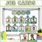 Shows the classroom job set up on a stock photo of a bulletin board. Includes a green colored banner, jobs with clipart, and black and white polka dot borders