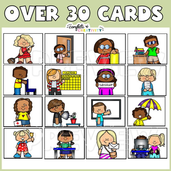 Nature Classroom Jobs - Example Jobs Shows 16 different classroom job cards, with the text "over 30 cards" at the top of the image