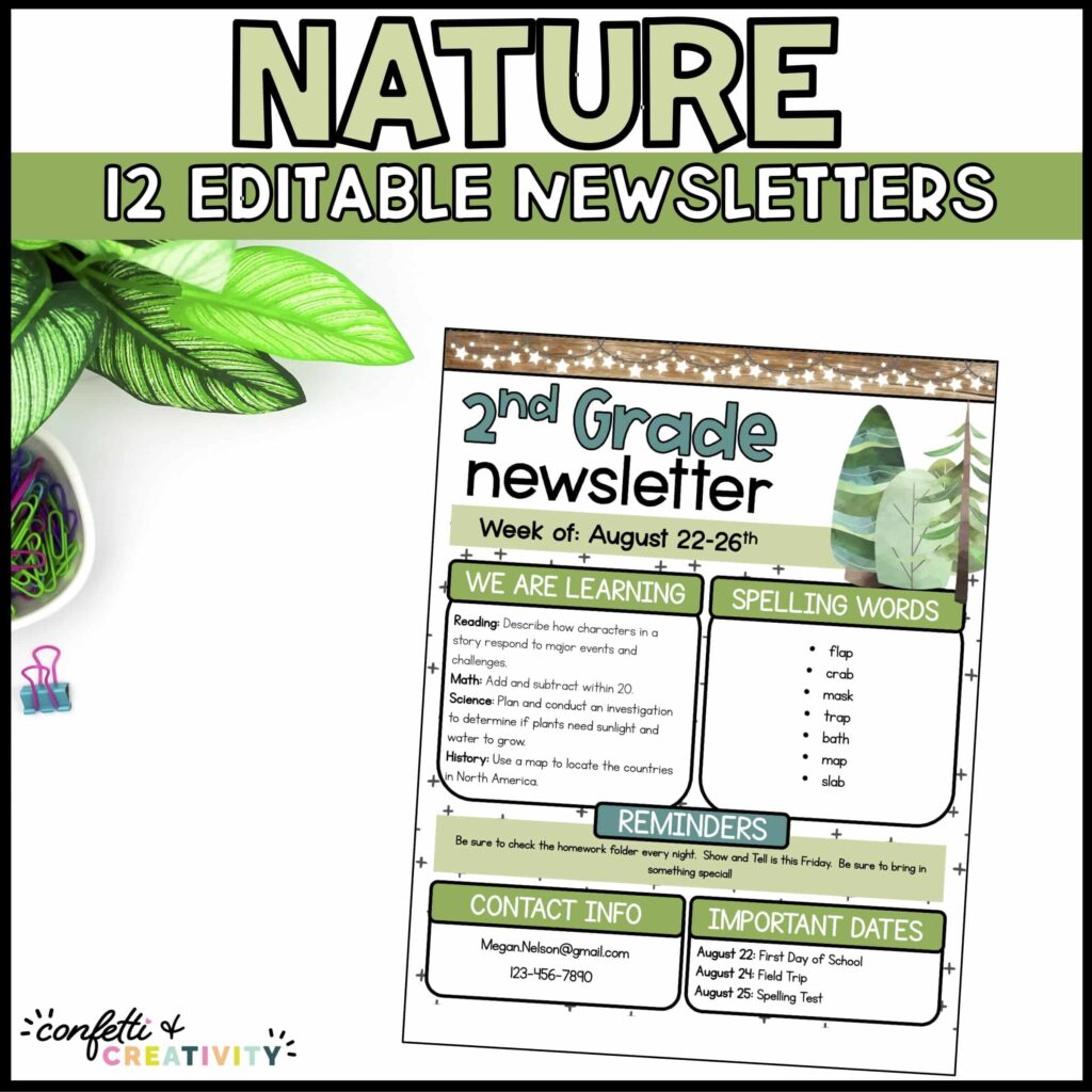 Shows an example newsletter with nature clipart and green hues
