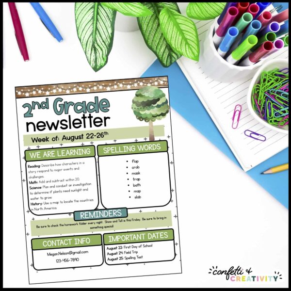 Nature Classroom Newsletter - Alternative Newsletter Shows an alternative newsletter design on a table