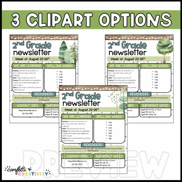 Nature Classroom Newsletter - Clipart Options Shows three different clipart designs available for the newsletters