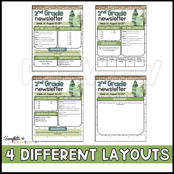 Nature Classroom Newsletter - Layout Options Shows four different layout options for the newsletters