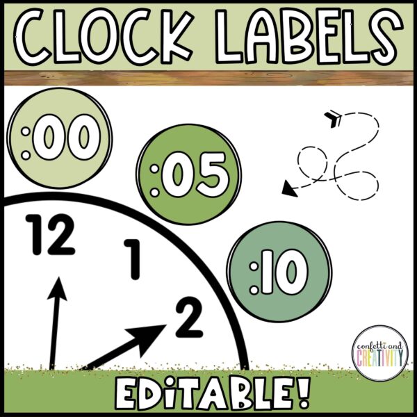 Shows clock labels around a black and white clock. Each label comes in a green colors