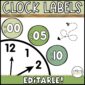 Shows clock labels around a black and white clock. Each label comes in a green colors