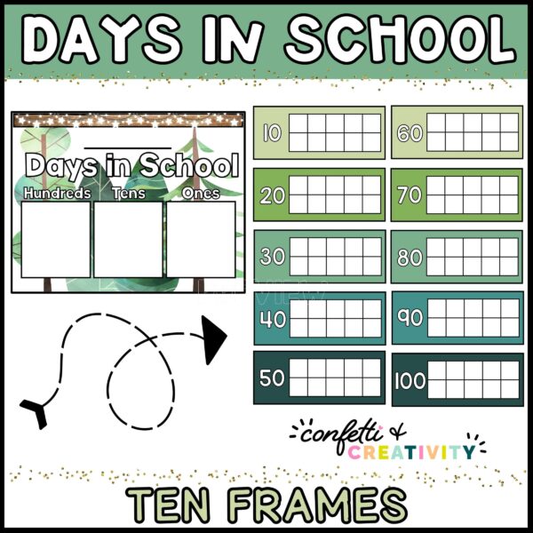 Shows the days in school chart with a ten frame as well as a poster that allows a teacher to mark a tally for how many days have passed