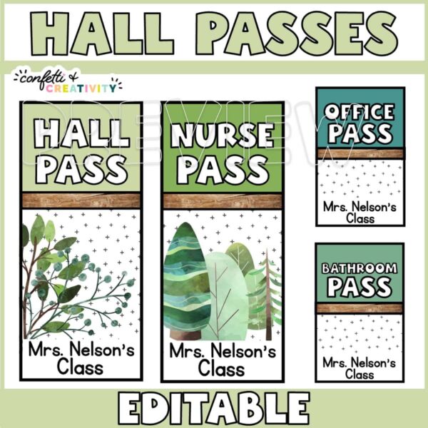 Shows hall pass examples with various nature clipart like trees