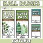 Shows hall pass examples with various nature clipart like trees