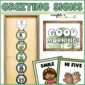 Shows the morning greeting signs set up on a classroom door
