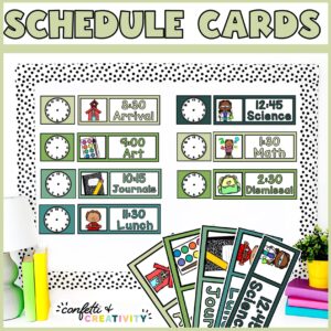 Shows the visual schedule set up on a bulletin board with black and white polka dot borders