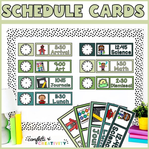 Shows the visual schedule set up on a bulletin board with black and white polka dot borders