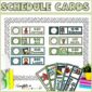 Shows the visual schedule set up on a bulletin board with black and white polka dot borders