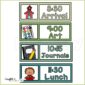 Shows an example schedule set up. Each card has a visual clipart that goes with the subject. Each card has different colors of green